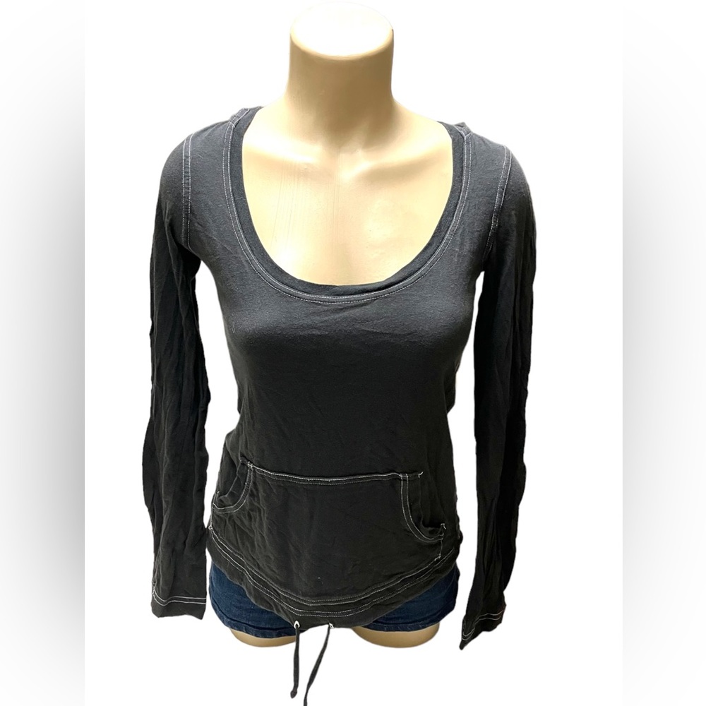 MODA Hoodie Pullover Womens Size XS Black Lightweight Top Drawstring Hem
